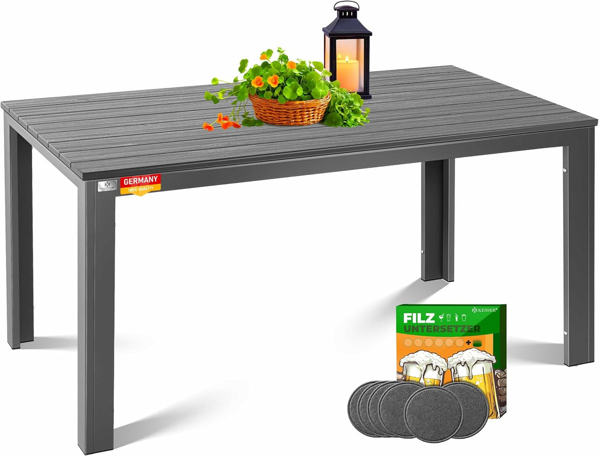 KESSER Esstisch, 156x78 cm, Grau, Gartentisch für bis 6 Personen Wetterfest & UV-Beständig, Outdoor Tisch mit pulverbeschichteter Stahl-Gestell &