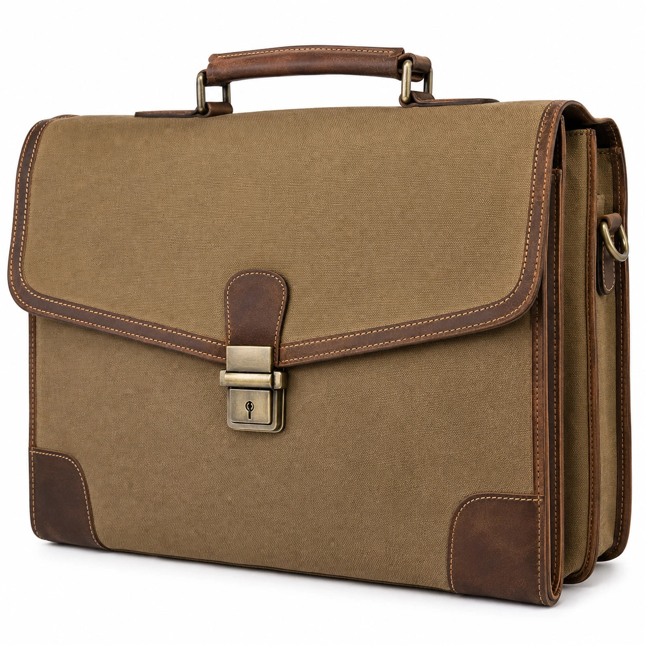 Aktentasche 40 cm aus Textil und Leder in Khaki Braun mit Tragegriff