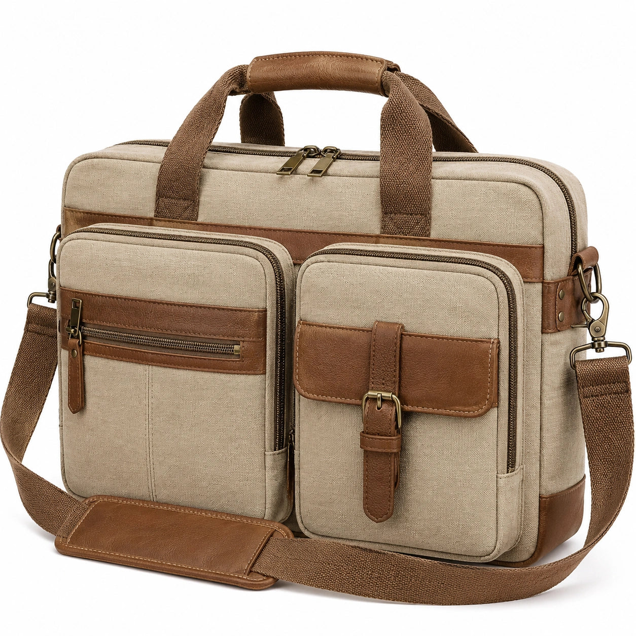 Laptoptasche 43 cm aus Textil und Kunstleder in Beige Braun mit Schultergurt
