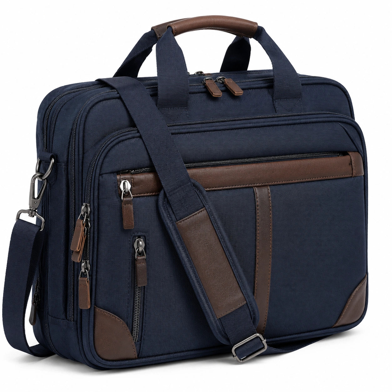 Laptoptasche 42 x 12 x 32 cm aus Textilgewebe in Dunkelblau Braun mit Schultergurt und Mehrfachfächern