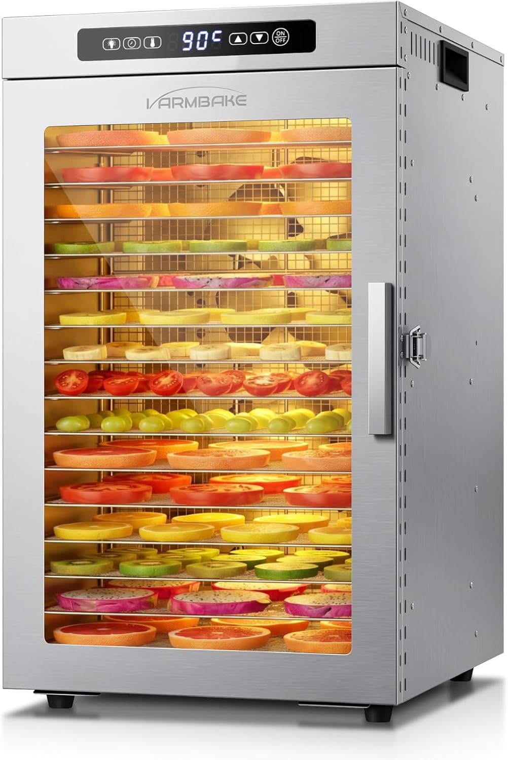 VarmBake Dörrautomaten, 1200 W, 25 cm, Silber, Dörrautomat Edelstahl 16 Etagen, 30-90℃ Dörrautomat Klein, 1.28㎡ Dörrfläche