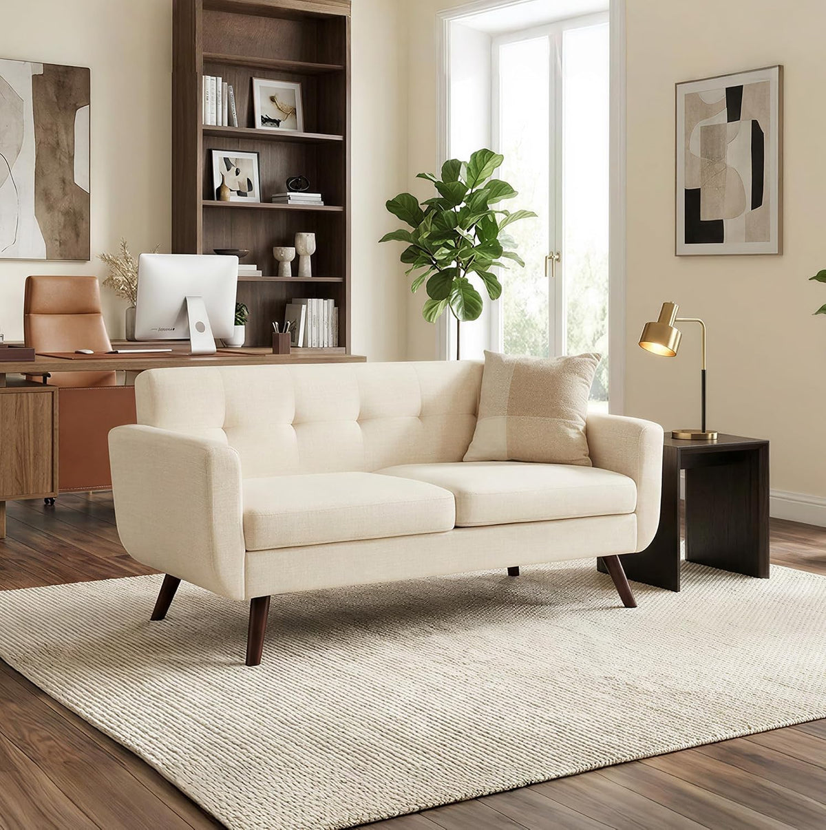 Sofa Kingfun, 165 cm, Beige, 2-Sitzer Modernes Kleines mit Holzfüßen in, 2 Sitzer Cloud Couch mit Knopfheftung für Wohnzimmer &