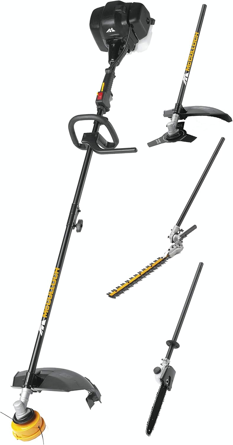McCulloch Rasentrimmer, 25,5 cm, 900 W, schwarz/gelb, Freischneider B33 PS + ( 4-in-1): Gartenpflege-Set mit, geteiltes Führungsrohr