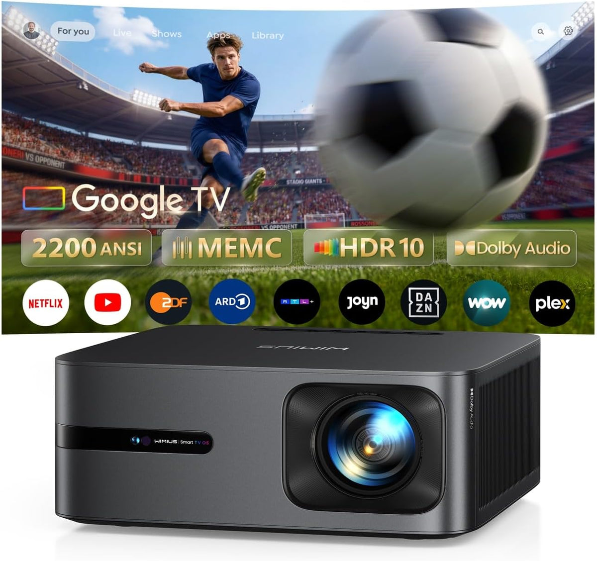 Beamer, 40 W, Schwarz, 4K mit Google TV 14.0, 2200 ANSI, MEMC, HDR10, Dolby Audio, 4K Heimkino KI-Bildanpassung Smart Projektor Google