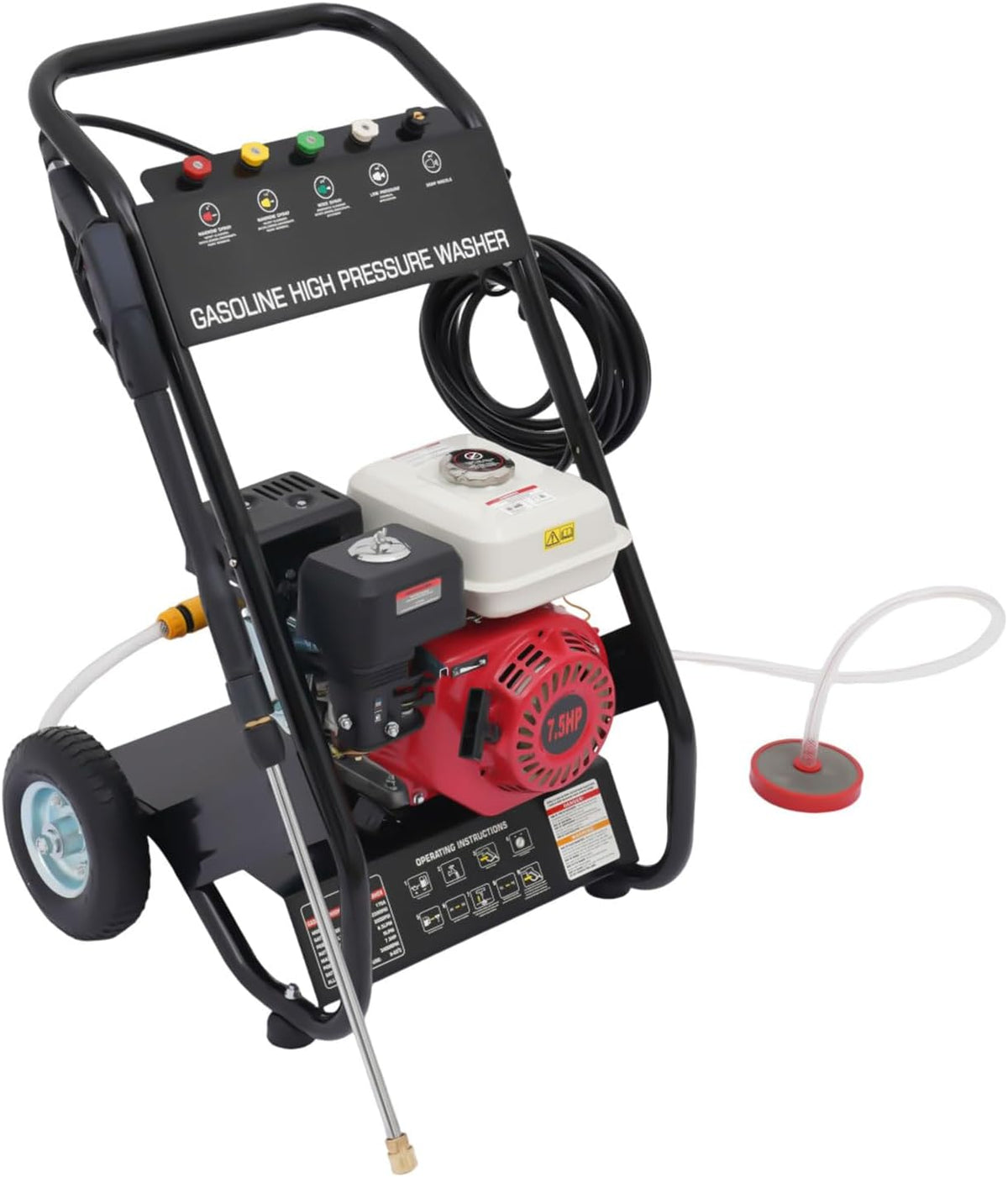 MEHOOSPVN Hochdruckreiniger, 7HP, Eisen, Gummi, PVC, Schwarz, Benzin 4-Takt, 7.5HP Benzin Reinigungsmaschine mit 5 Düsen und Schlauch