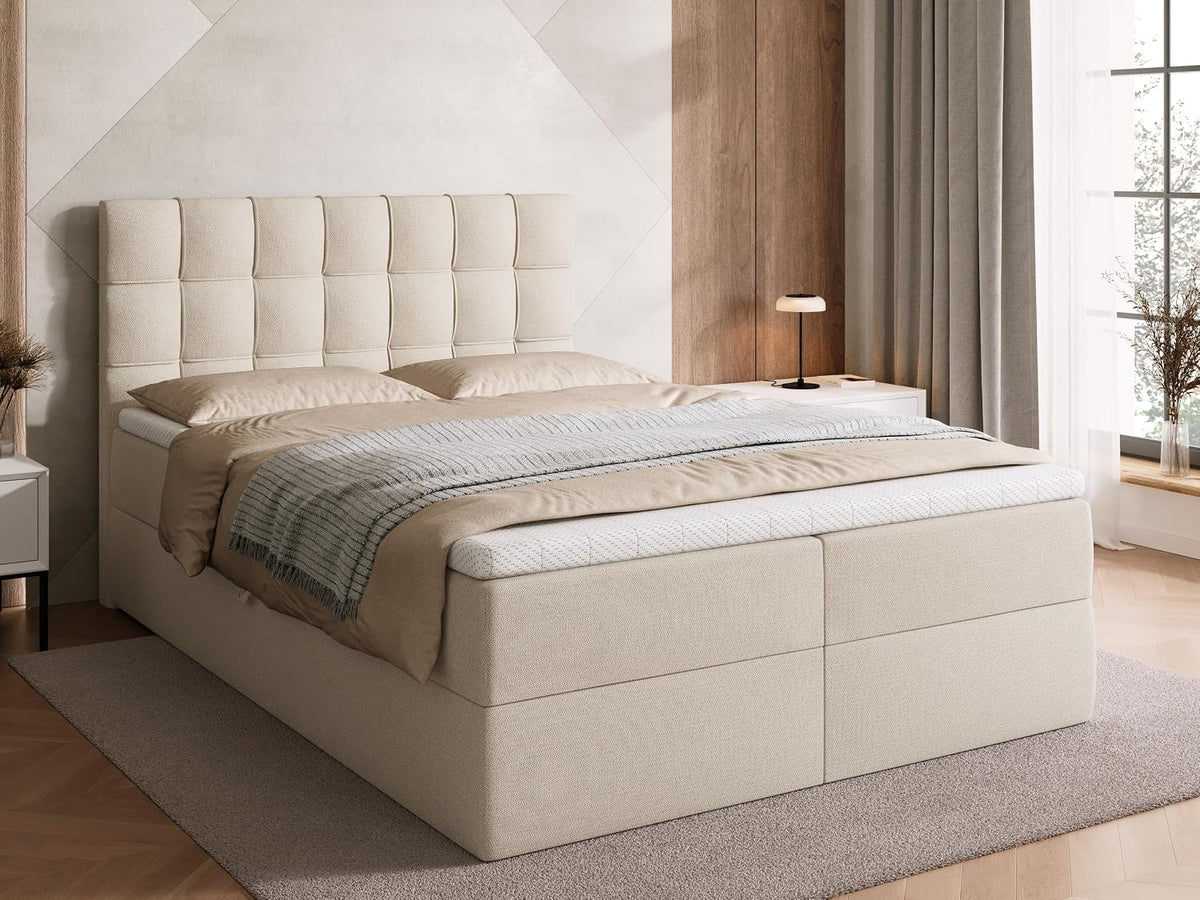 BROMARKT Boxspringbett, 140x200 cm, Beige, mit Topper und Bettkasten H3