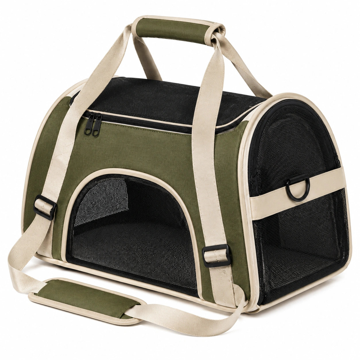 Haustier-Transporttasche 45 x 28 x 30 cm Textil Netzgewebe Olivgrün Beige für Katzen und kleine Hunde mit Belüftung