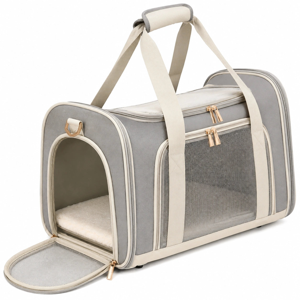 Transporttasche für Haustiere 45 x 28 x 30 cm aus Polyester Grau Creme mit Netzfenstern