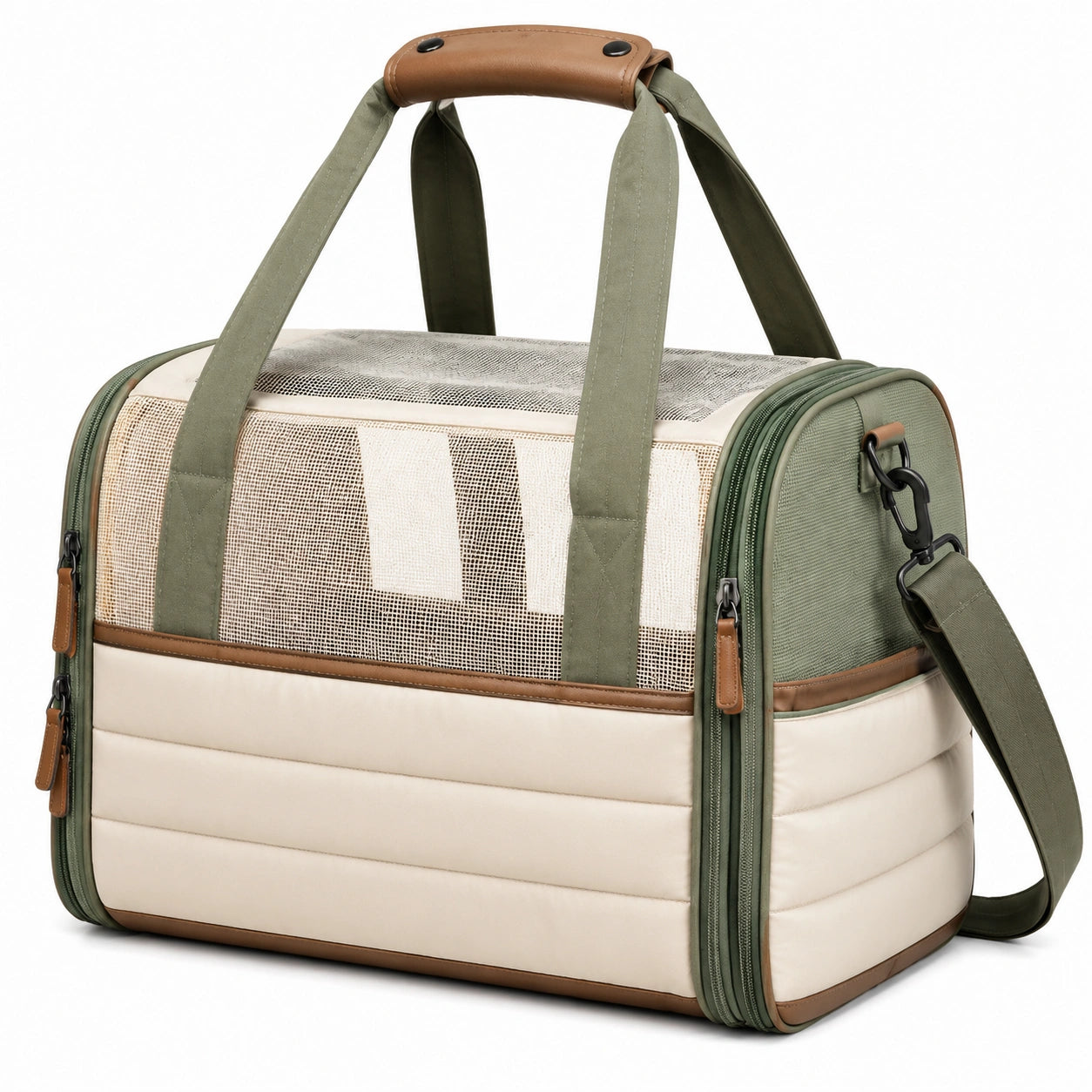 Haustier Transporttasche 45 x 28 x 30 cm aus Textil in Grün Beige mit Netzfenstern