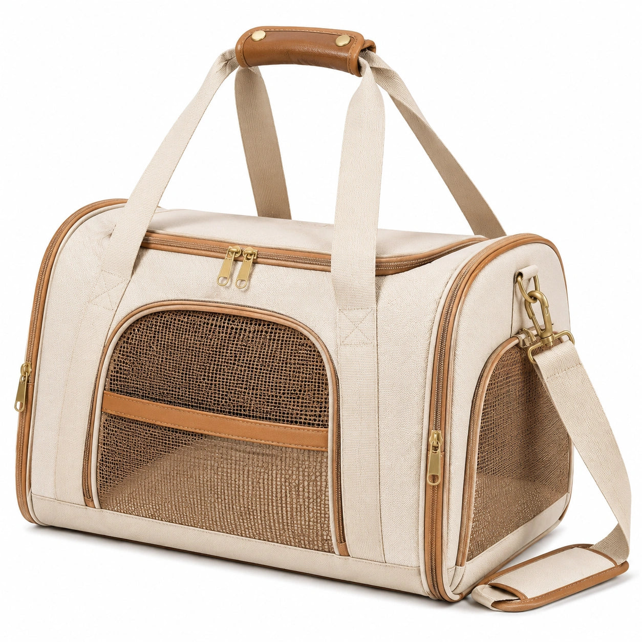 Haustier-Transporttasche 45 x 28 x 30 cm Beige Braun aus Textil mit Netzfenstern und Schultergurt
