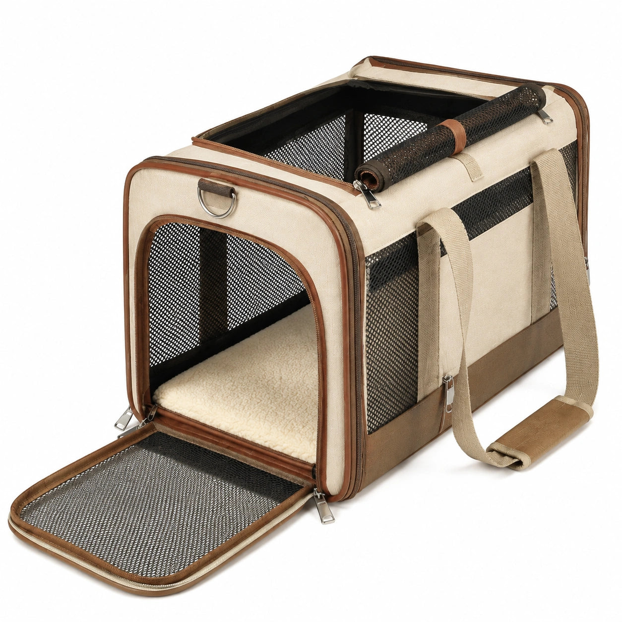 Haustier-Transporttasche 48 x 30 x 30 cm aus Textil Beige Braun mit Netzfenstern