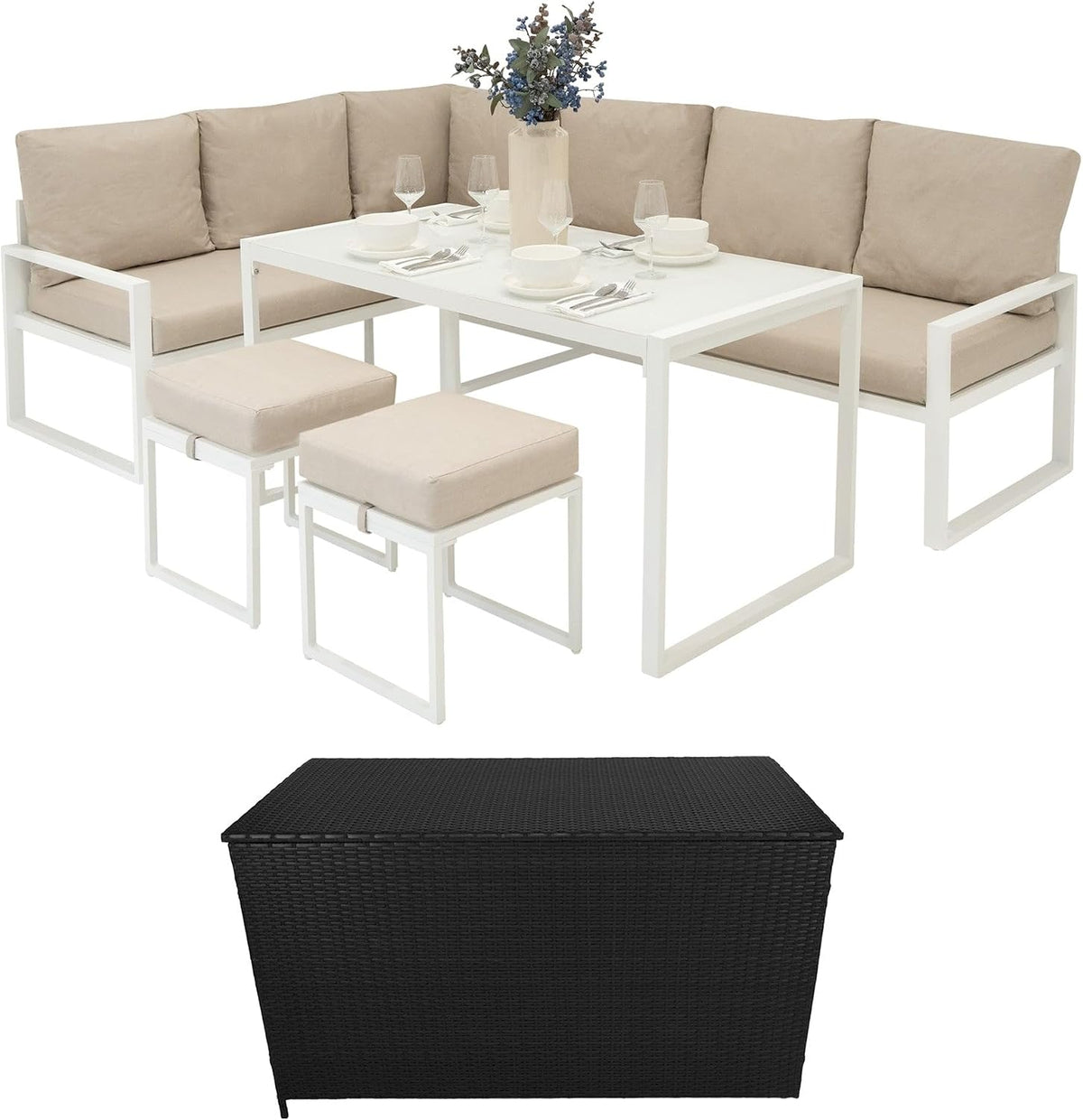 Sofa Monster Shop, 582 L, Schwarz, Gartenmöbel Set Weiß Aluminium mit Rattan Aufbewahrungsbox, 7-Sitzer Eck draußen mit Esstisch