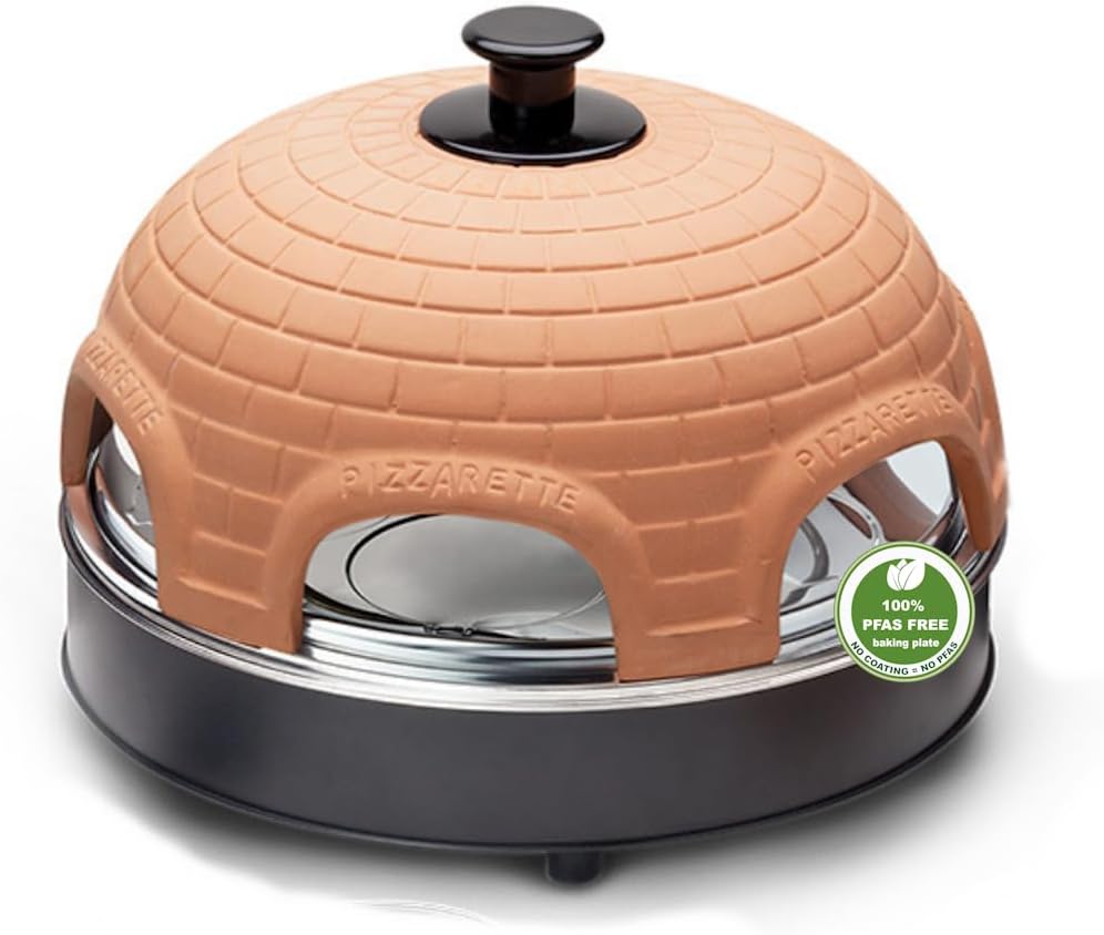 Emerio Pizzaofen, Orange/Schwarz, PIZZARETTE das Original, 1 handgemachte Terracotta Tonhaube, patentiertes Design