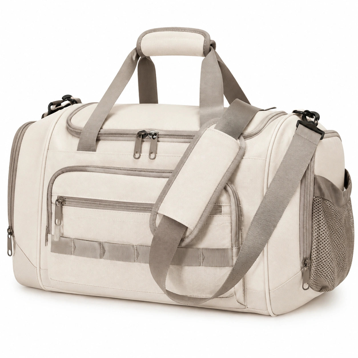 Reisetasche 50 x 25 x 30 cm aus Textilgewebe in Creme/Grau mit Schultergurt und Fächern