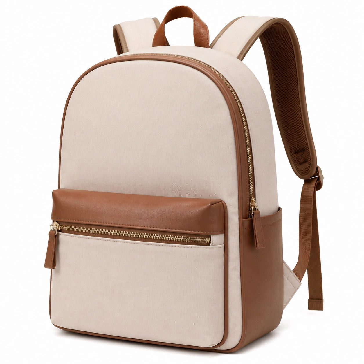 Rucksack 30 x 15 x 40 cm Textil Kunstleder Beige Braun mit Reißverschluss für Alltag