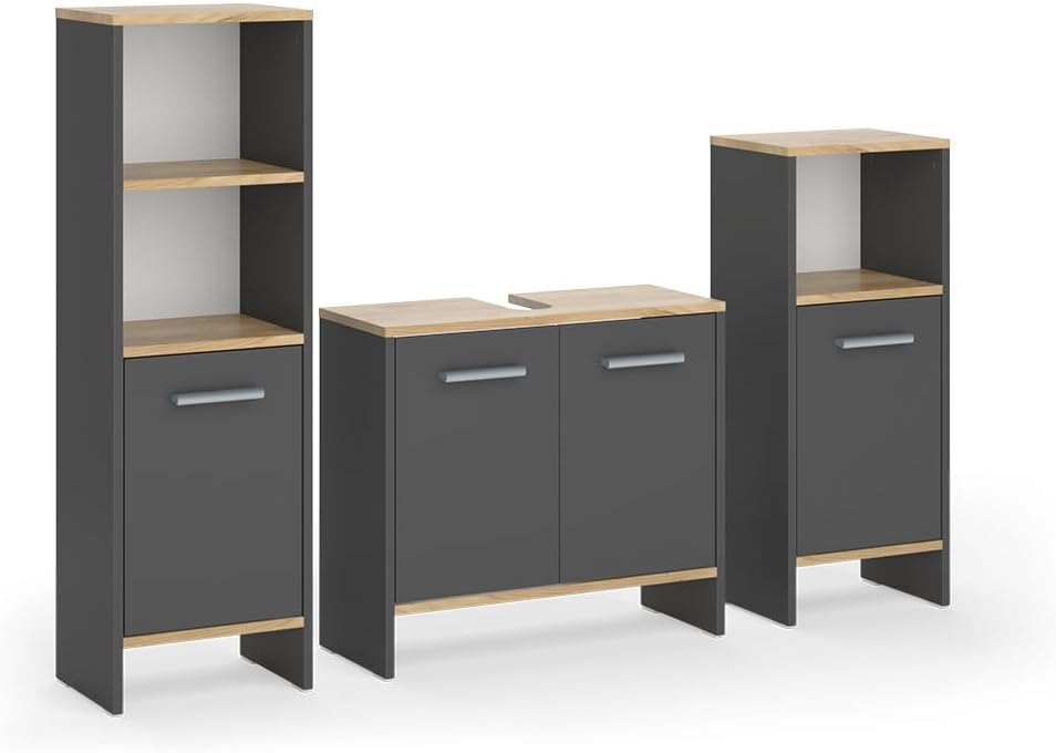 Vicco Komplettprogramme, 131.4 cm, Anthrazit, Badmöbel-Set Karli, /Goldkraft Eiche, besteht aus Waschbeckenunterschrank