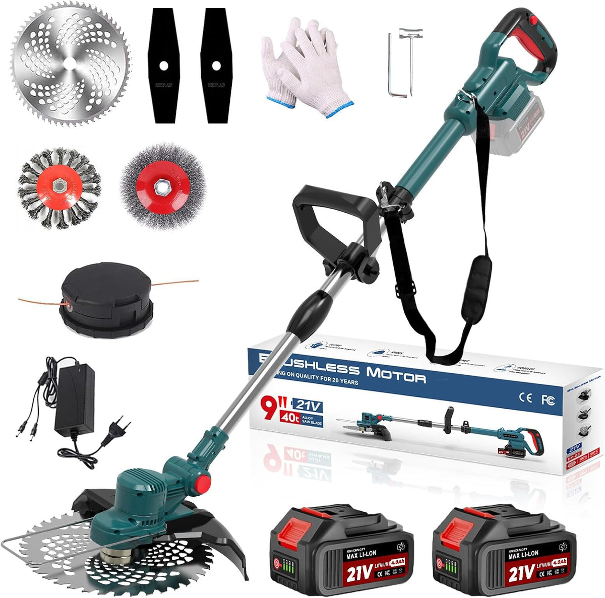 Hengriacly Rasentrimmer, 4.0 Ah, 750 W, 21 V, Grün/Schwarz/Rot/Silber, mit Akku, 4 in 1 Akku für Makita Akkus, mit Unkrautbürste
