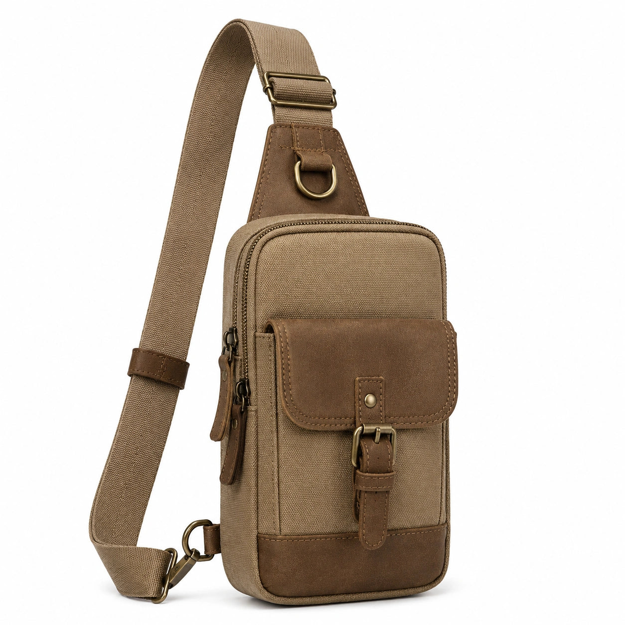 Umhängetasche 18 x 8 x 31 cm Textil und Kunstleder Khaki Braun mit verstellbarem Schultergurt