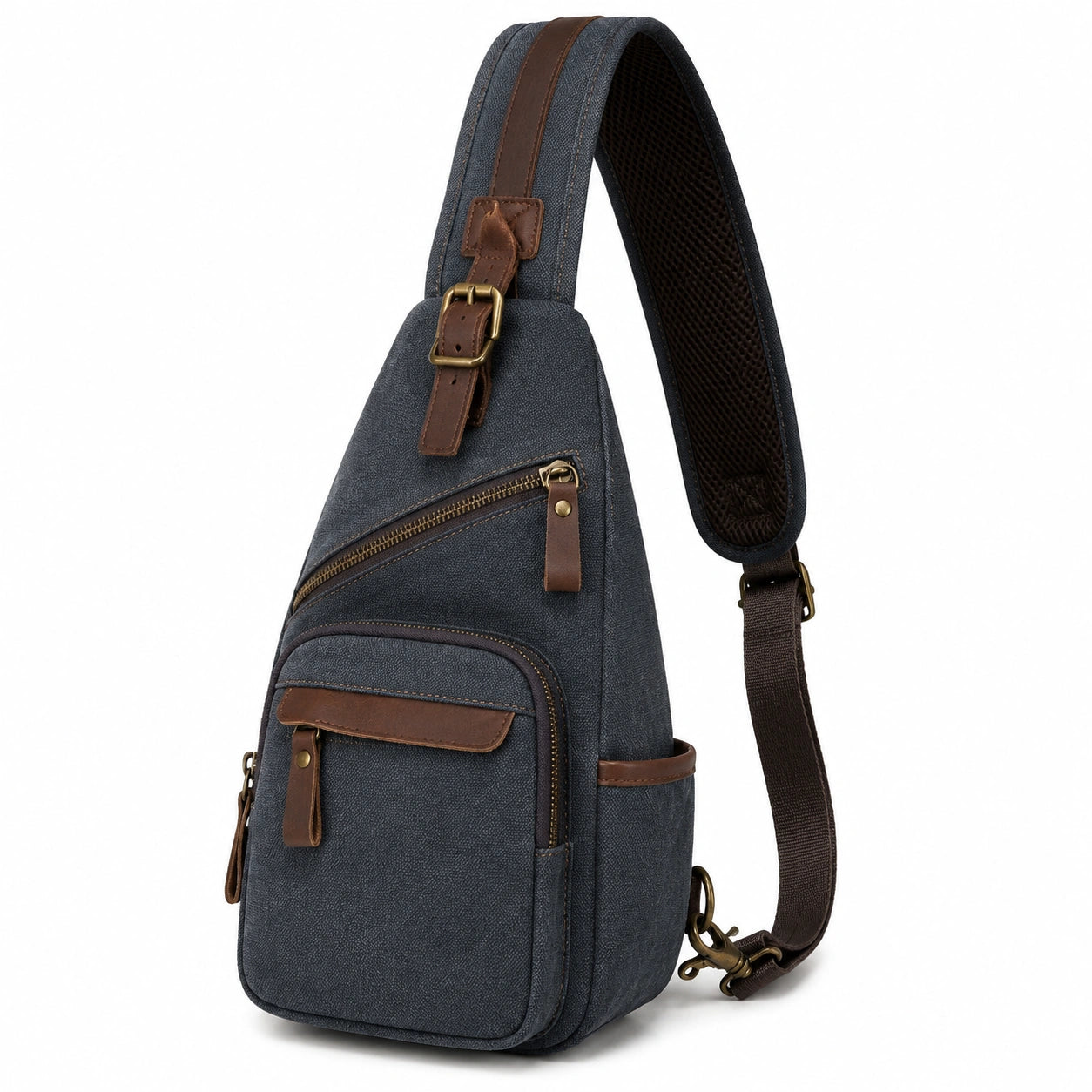 Umhängetasche 20 x 10 x 34 cm aus Textil in Dunkelblau Braun mit verstellbarem Schultergurt