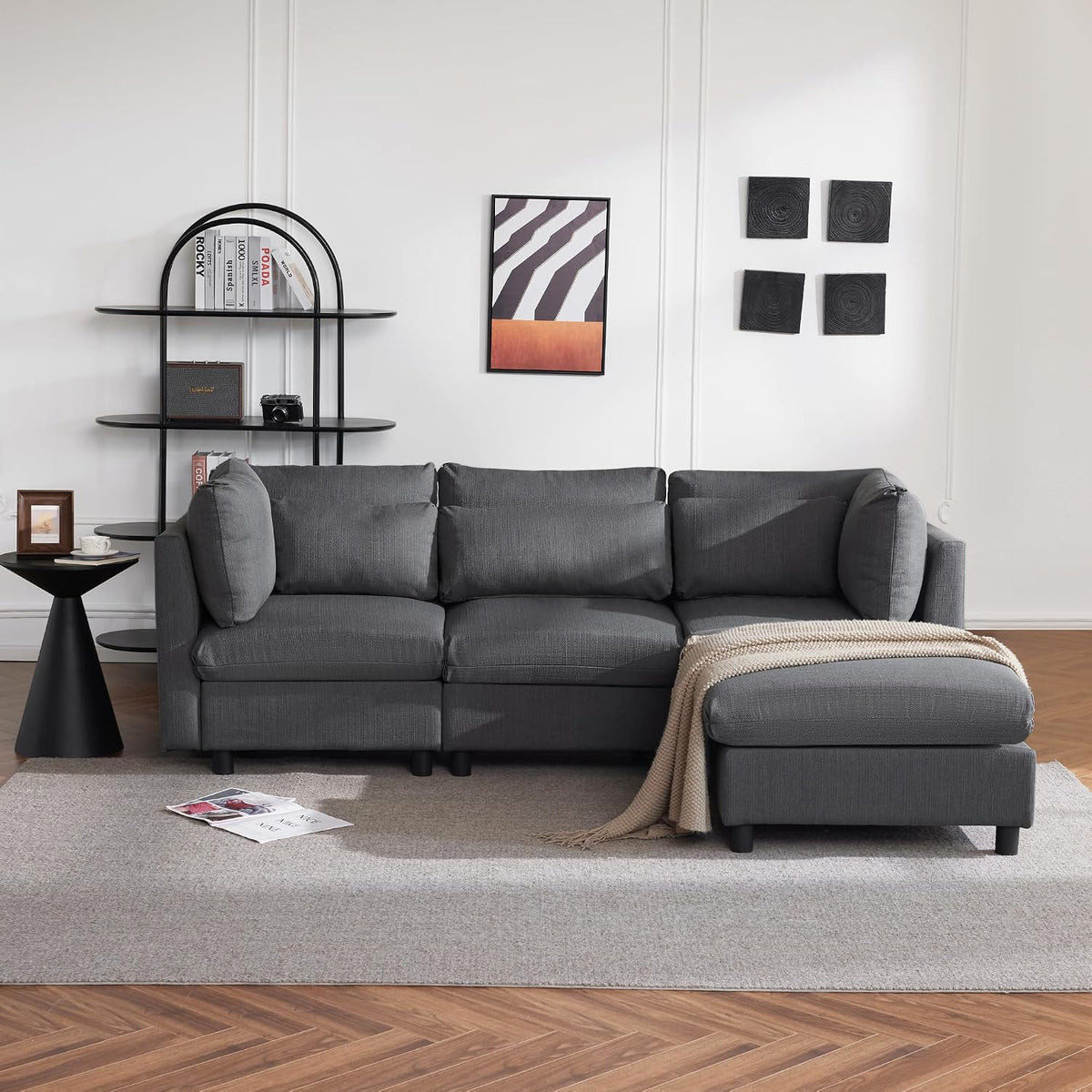 Sofa ZYLOYAL10, Grau, Wohnzimmersofa, Modernes Design, Polstermöbel, Dreisitzer-, Eck mit Fußhocker, L-förmiges Eck