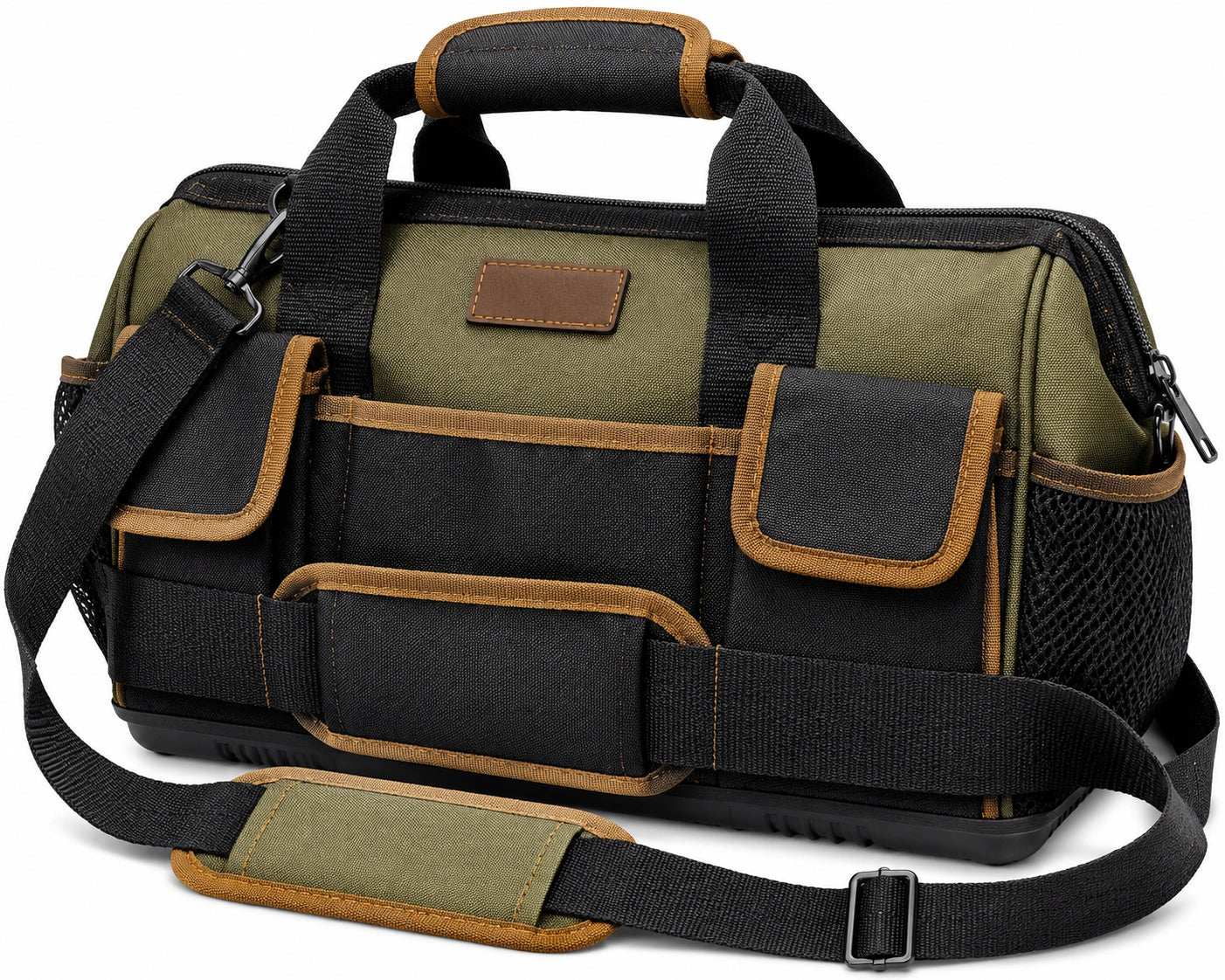 Werkzeugtasche 40 x 22 x 28 cm aus Polyester Olivgrün Schwarz mit Schultergurt und Außentaschen