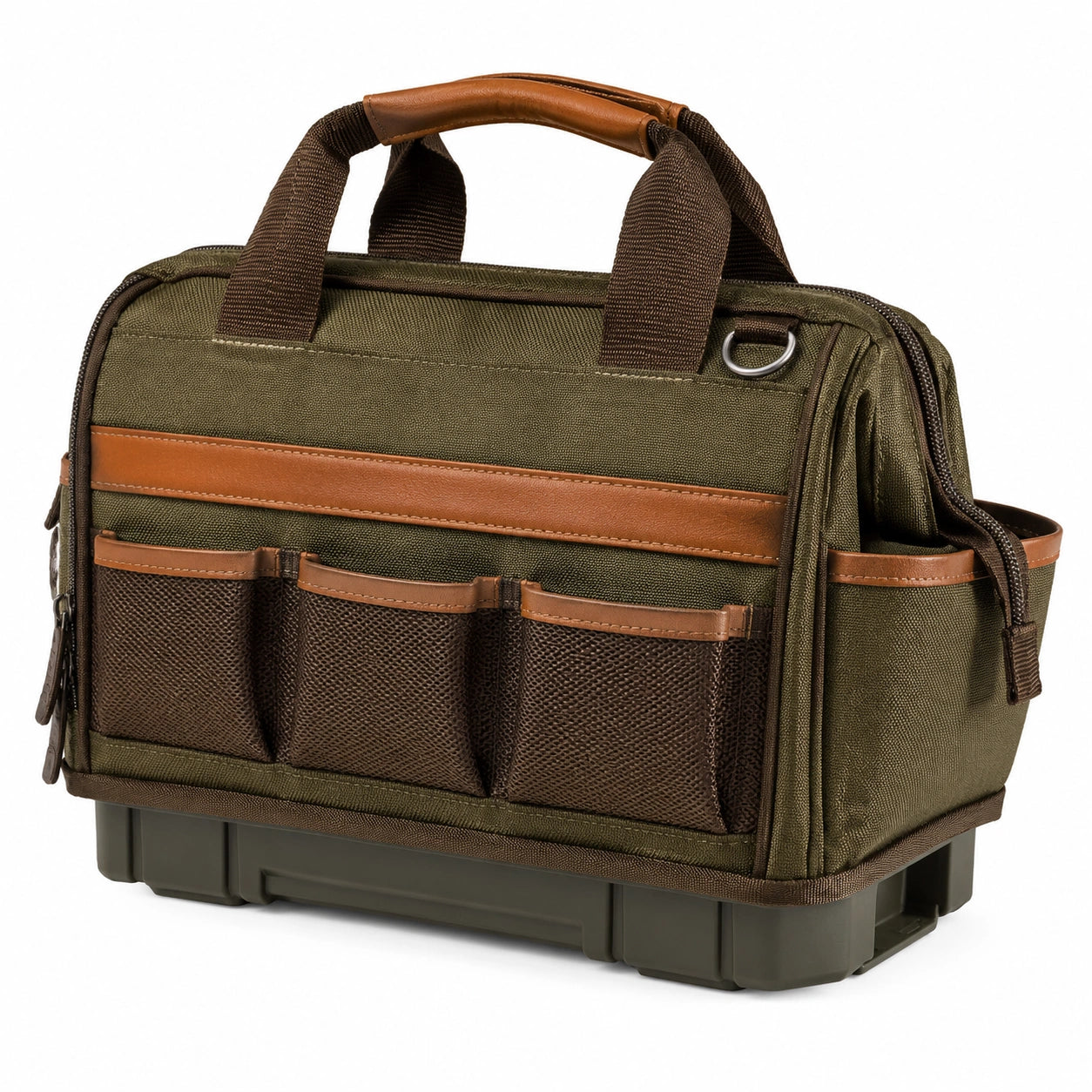 Werkzeugtasche 43 x 25 x 30 cm aus Textilgewebe olivbraun für Werkzeug mit Reißverschluss und Fächern