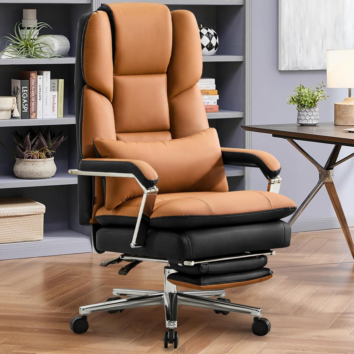 Ckaff Schreibtisch, 200 kg, Braun, Bürostuhl Ergonomisch, PU Leder Chefsessel, Bürostuhl mit Fußstütze und Lendenwirbelstütze