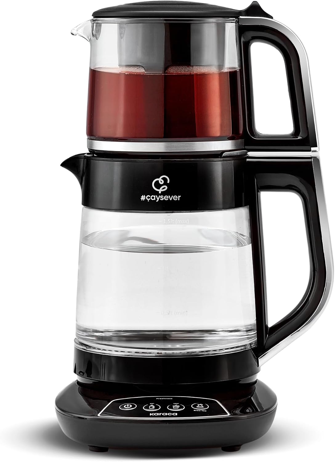 KARACA Teemaschinen, 1700 W, Schwarz, Caysever Maschine, Stahl, Chrome, BPA-frei, 8 Lt Fassungsvermögen Glas-Teekanne