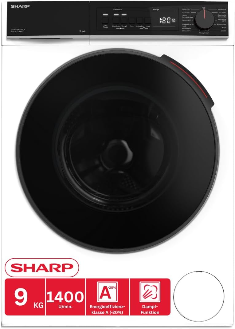SHARP Waschmaschine, 9 kg, Schwarz/Weiß, ES-WNFB914CWDA-DE, 1400 U/min, Energieklasse A, Inverter Motor, WiFi, AquaStop