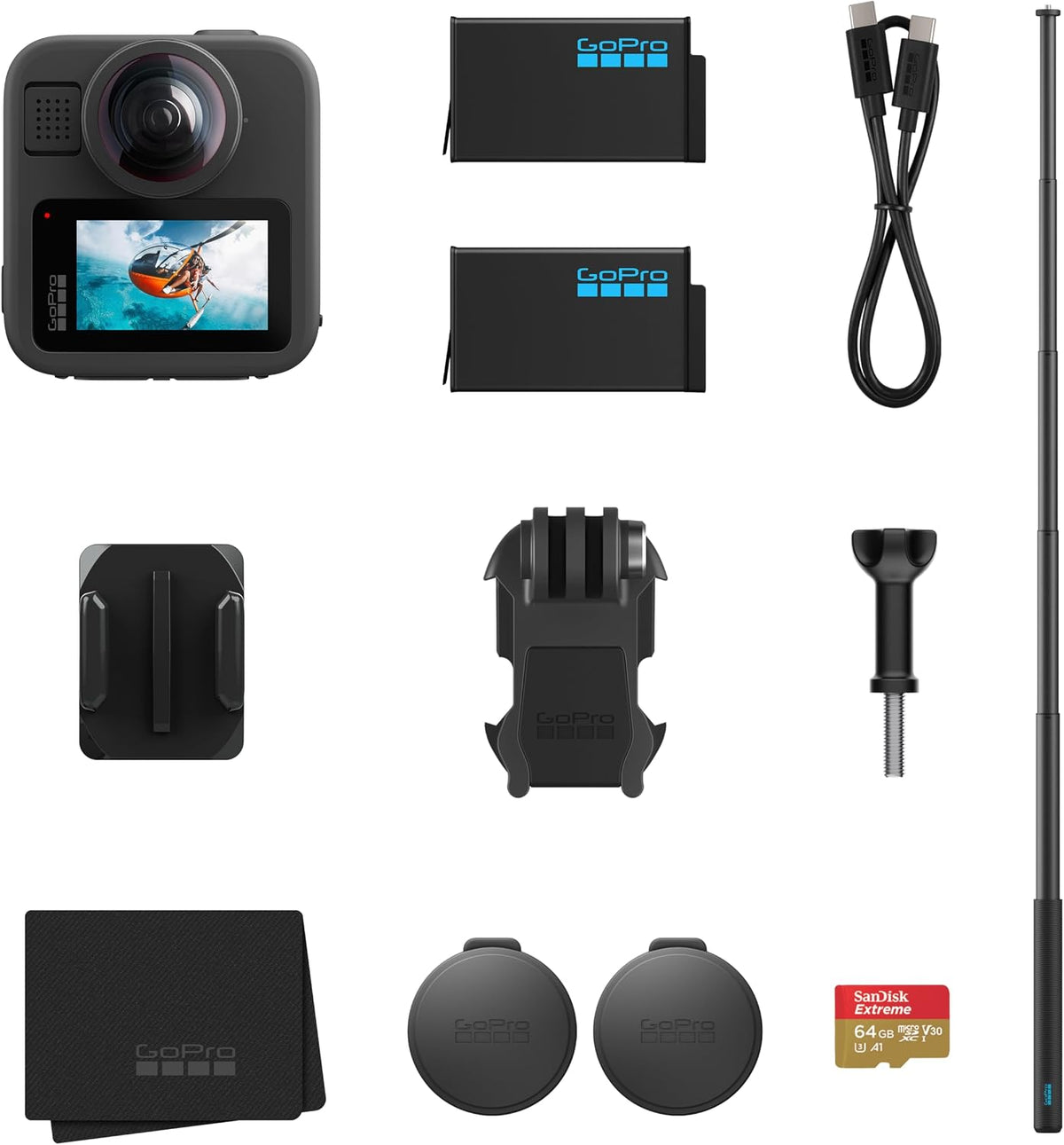 GoPro Actionkamera, 1,2 m, Grau, MAX2 + Zubehörpaket, Enthält eine Lange Verlängerungsstange, 2 Enduro-Akkus mit 1960 mAh und eine 64 GB SanDisk