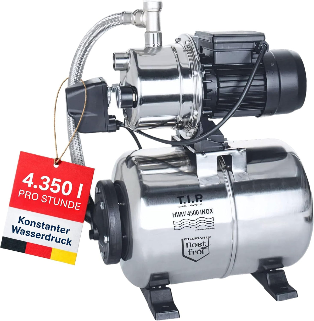 T.I.P. Hauswasserwerk, 1200 W, 4350 l, 5 bar, 50 m, Silber/Schwarz, HWW 4500 INOX aus Edelstahl mit Leistung I /h Fördermenge