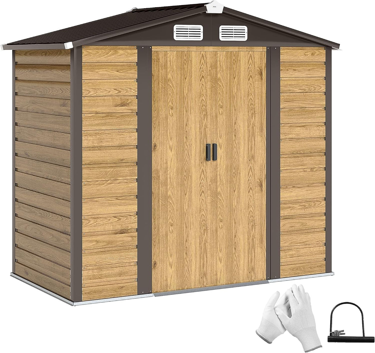 Gerätehaus Outsunny, 213x120x194 cm, 2,36 m, Eiche/Braun, Metall ², Outdoor-Gartenhaus aus verzinktem Stahl einfach zu montieren