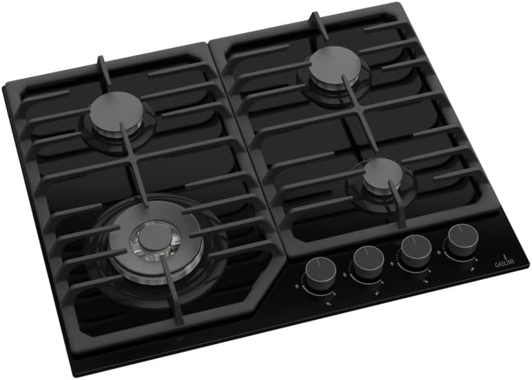 Gasline Gasherd, 3.8 kW, Schwarz Glaskeramik, Schwarz, Einbau, 4 flammig, Gaskochfeld, WOK-Brenner, GAG60GLWG, Sabaf-Brenner