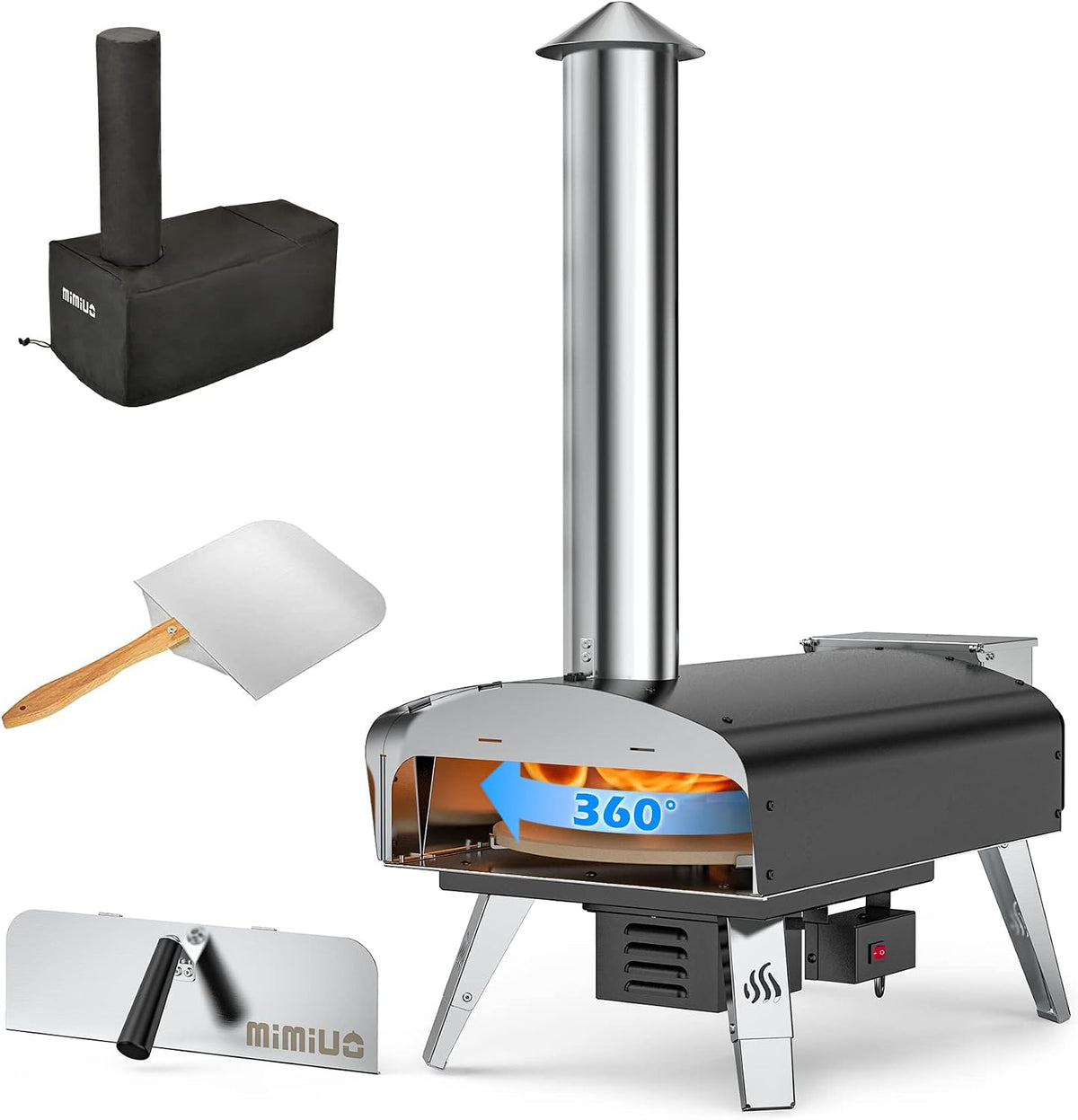 Mimiuo Pizzaofen, Schwarz/Silber, Outdoor, Pelletofen für den Garten mit automatischem Drehsystem, Pellets, Hackschnitzel(Globales Patent)
