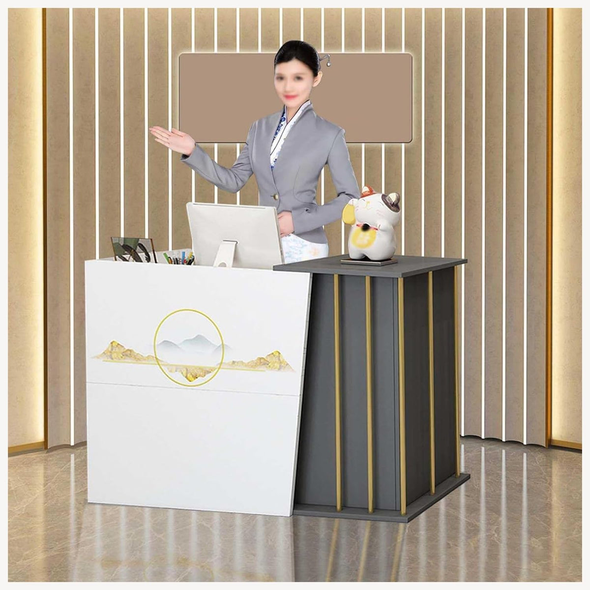 GLDWEY Schreibtisch, 120x40x90 cm, Weiß/Grau/Gelb, Empfangstheke, Empfangstisch, Einfach Moderner Empfangstresen