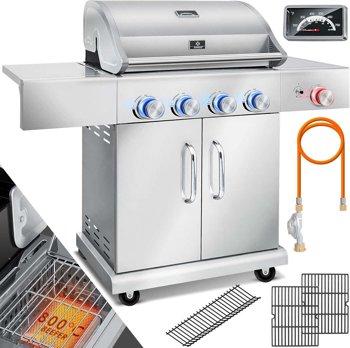 KESSER Gasgrill, 66 cm, Silber, mit 4 Brenner + 1x Infrarot Keramik Seitenbrenner &, bis 800°C BBQ Grillwagen aus Edelstahl inkl. Grillrost