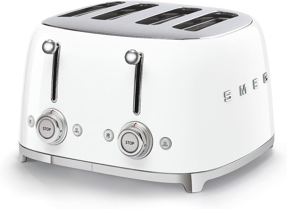 Smeg Toaster, 2000 W, Weiß, Toast 4x4 TSF03WHEU, 4 Fächer für 4 Scheiben, 6 Stufen vergoldet, Heizfunktion, Abtau- und Bagel- Funktion