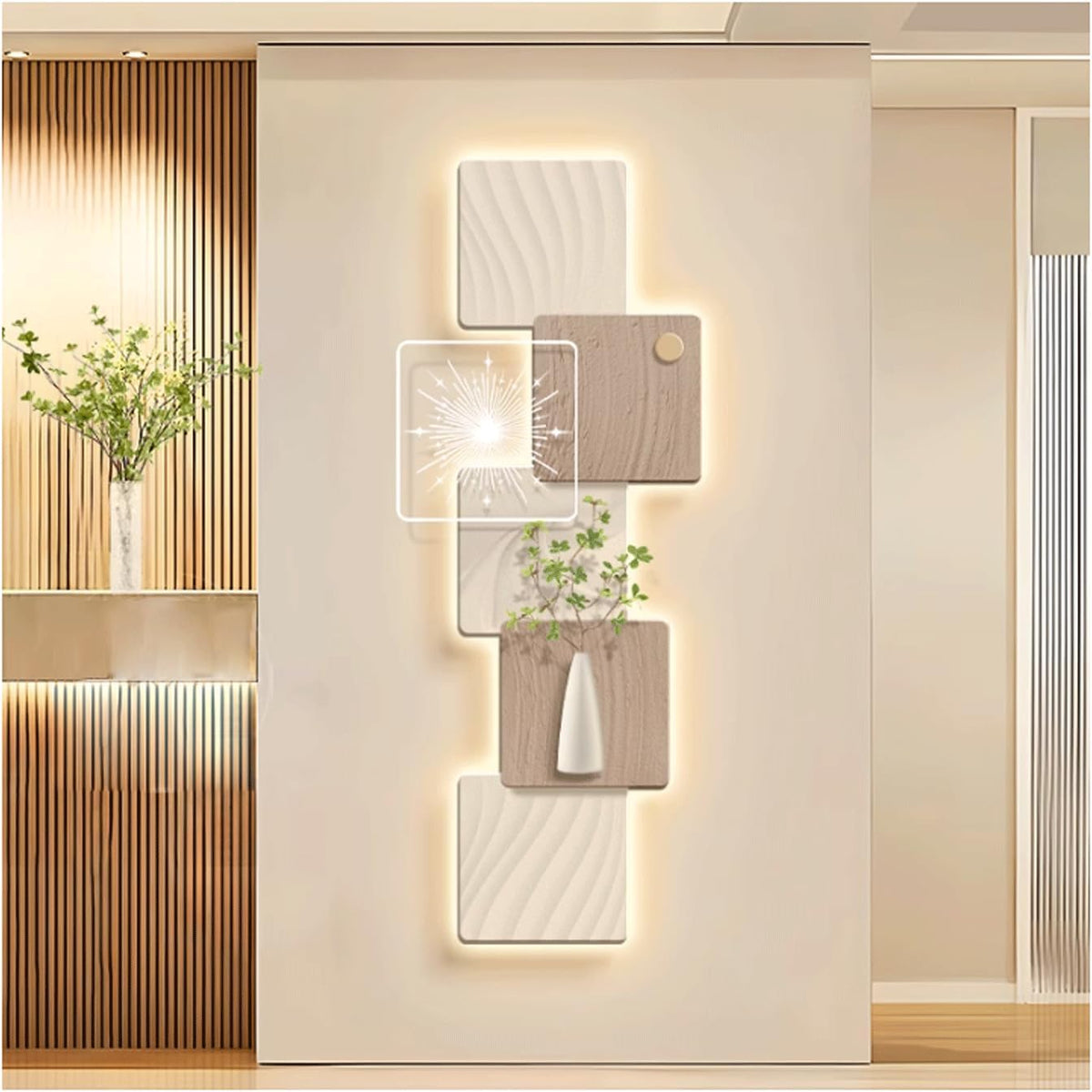 HTYUKFDG Wandskulpturen, Beige/Weiß/Holz, leuchtende 3D-Wandkunst, Dekoration, Simulation, grüne Pflanze, 3D-Wandgemälde mit LED-Licht
