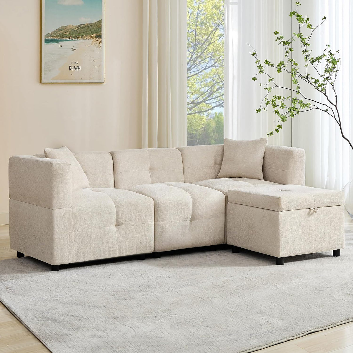 Lcoho Sofa, Beige, 3-Sitzer-, Eck mit Stauraum, L-förmiges Eck mit abnehmbarem Fußhocker und 2 Kissen, geeignet für Wohnzimmer