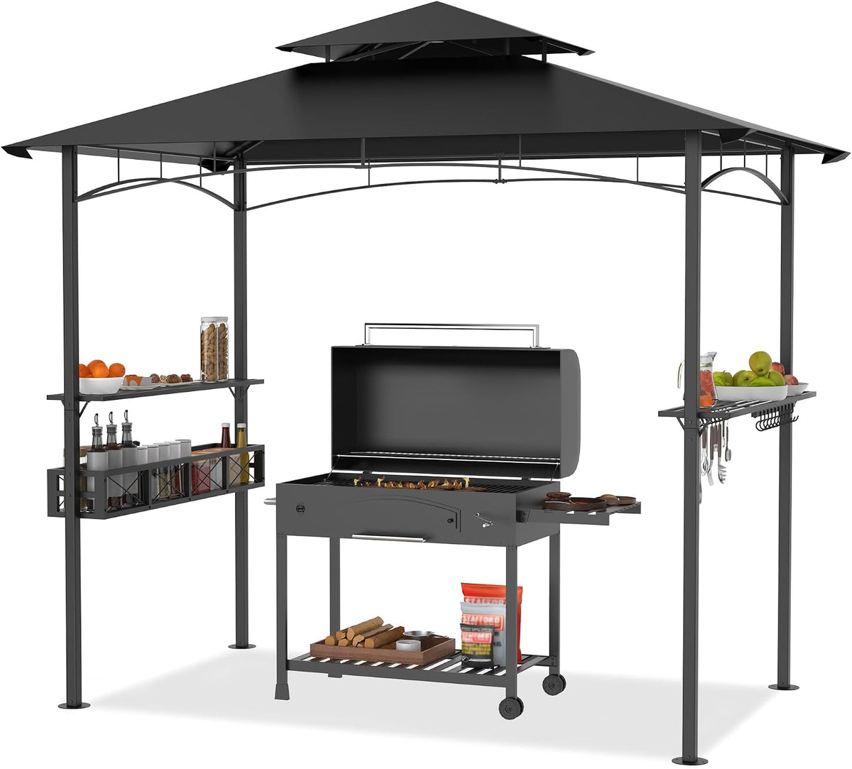 PEILU Pavillon, 245x153 cm, Schwarz, BBQ Grill Wetterfeste Grillüberdachung Freistehend, Regale & Ablagekörben