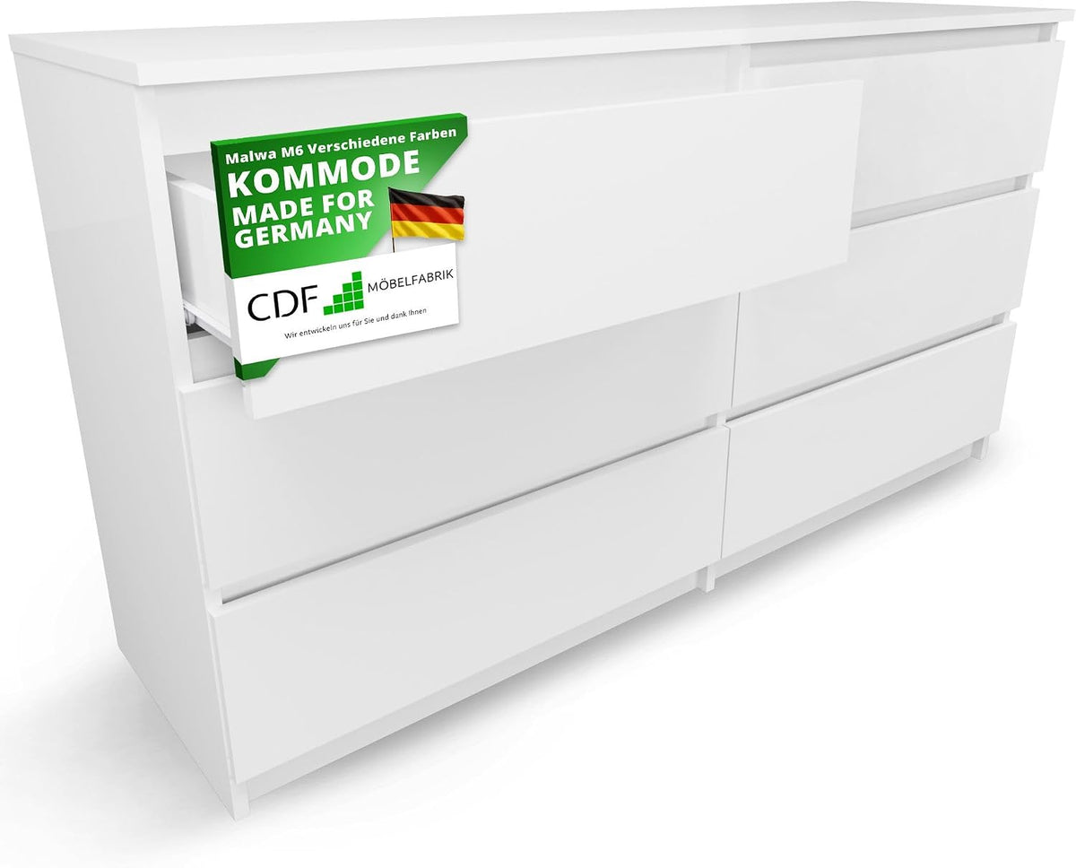 CDF Sideboard, 138 cm, 40 cm, Natur, Kommode Weiß mit 6 Schubladen Tief Komodenschrank Komode