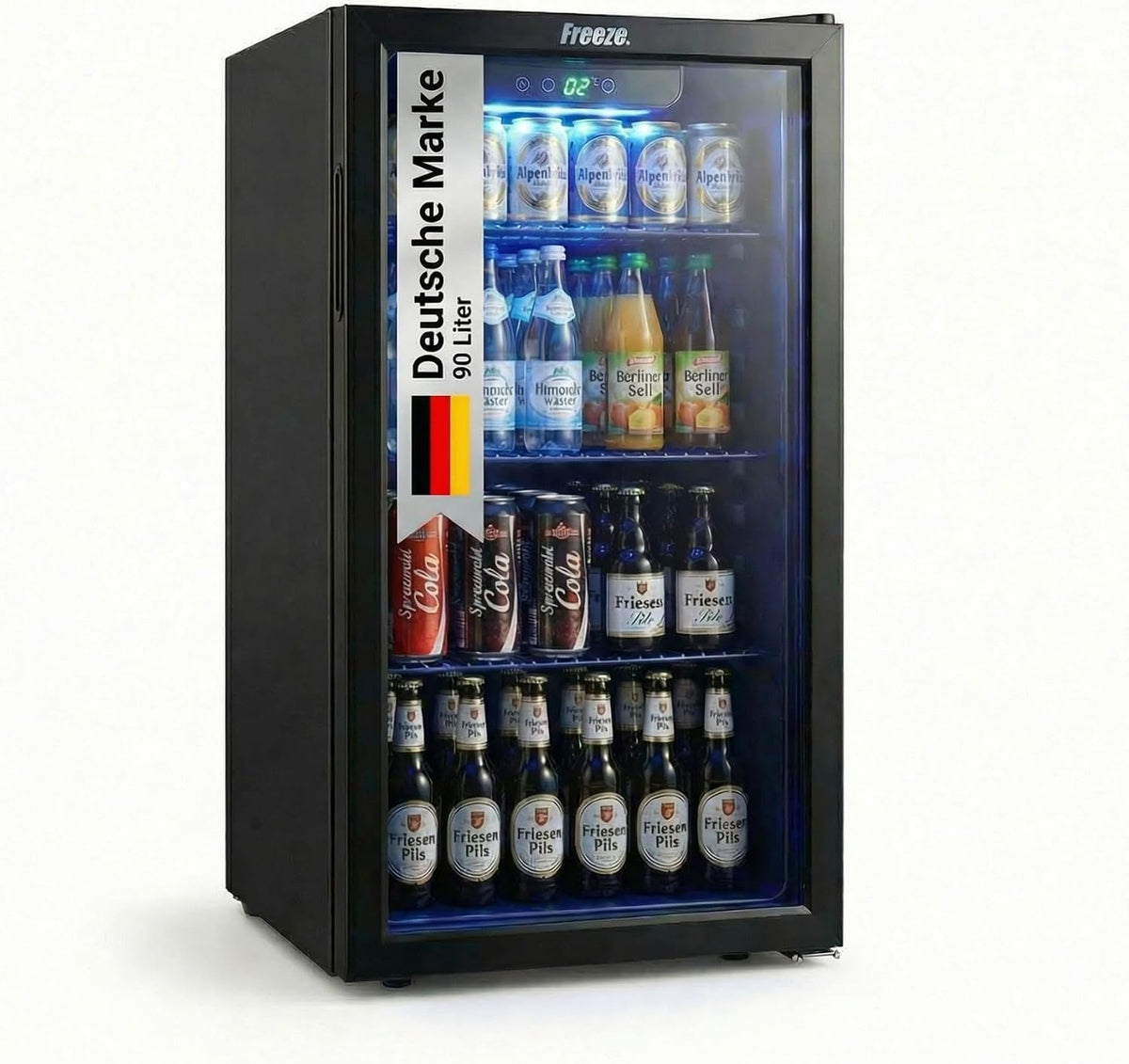 FREEZE. Getränkekühlschrank, 90 L, Schwarz, Mini-Kühlschrank für 126 Dosen, Glastürkühlschrank, Weinkühler, frostfrei