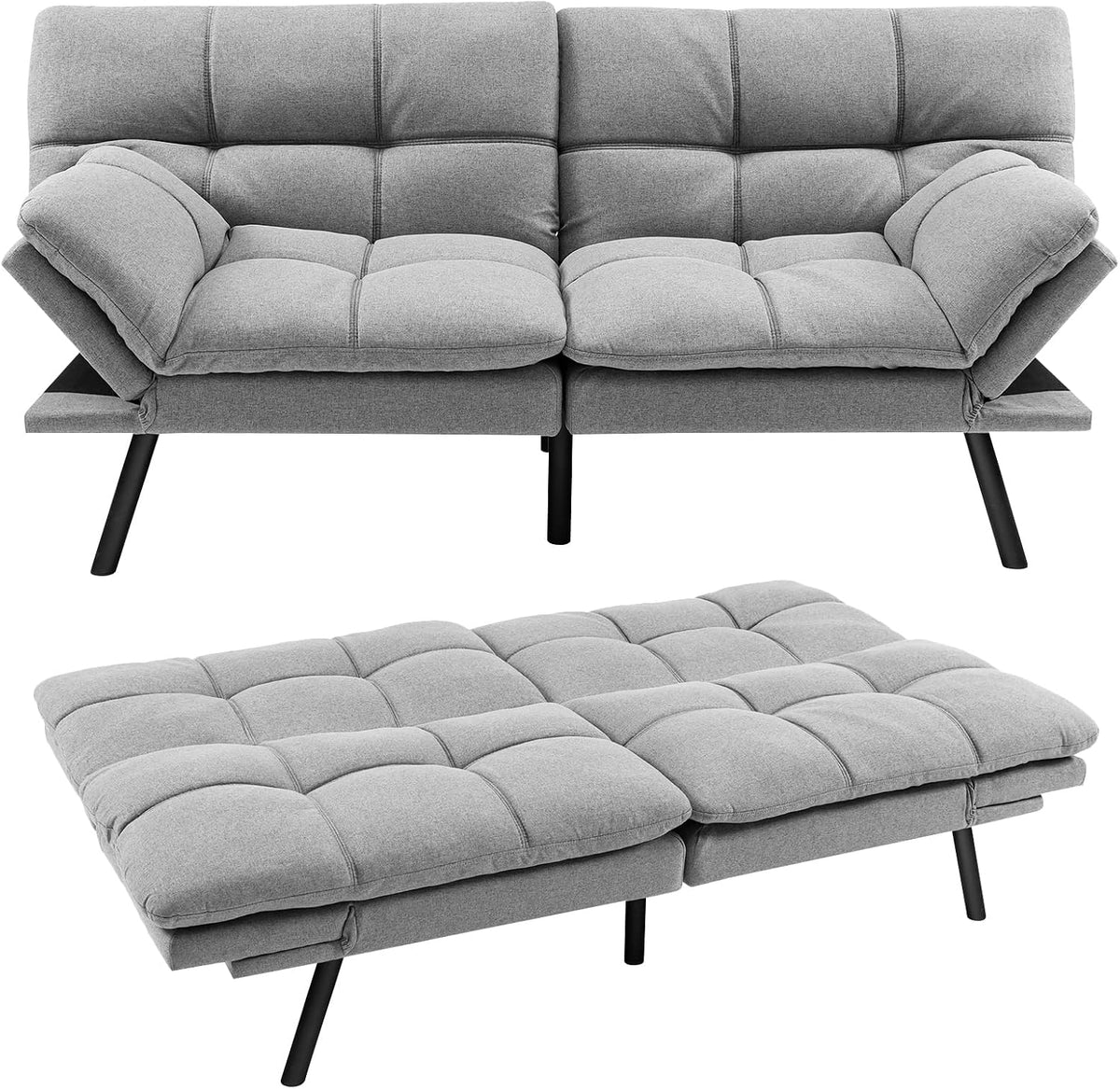 GOPLUS Sofa, 182 x 106,5 cm, Grau, Couch Schlaf, Klapp mit Schlaffunktion, 2 Sitzer mit Verstellbarer Armlehnen