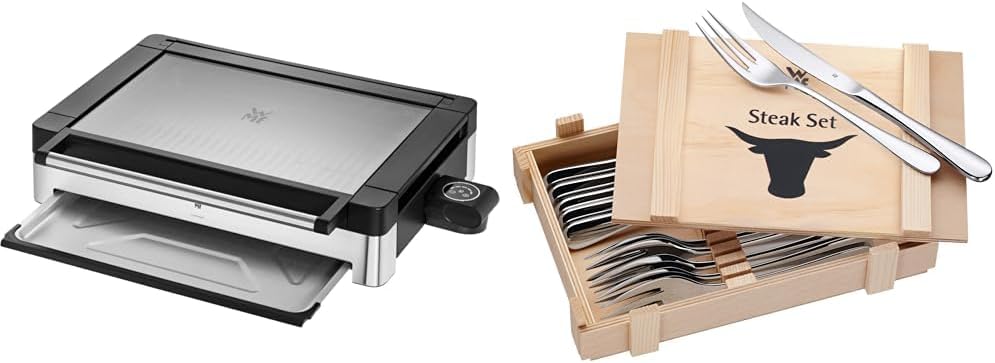 WMF Elektrogrill, Silber, Lono Elektro Tischgrill mit Glasdeckel, beschichtete Grillplatte, 2200 Watt, Steakmesser