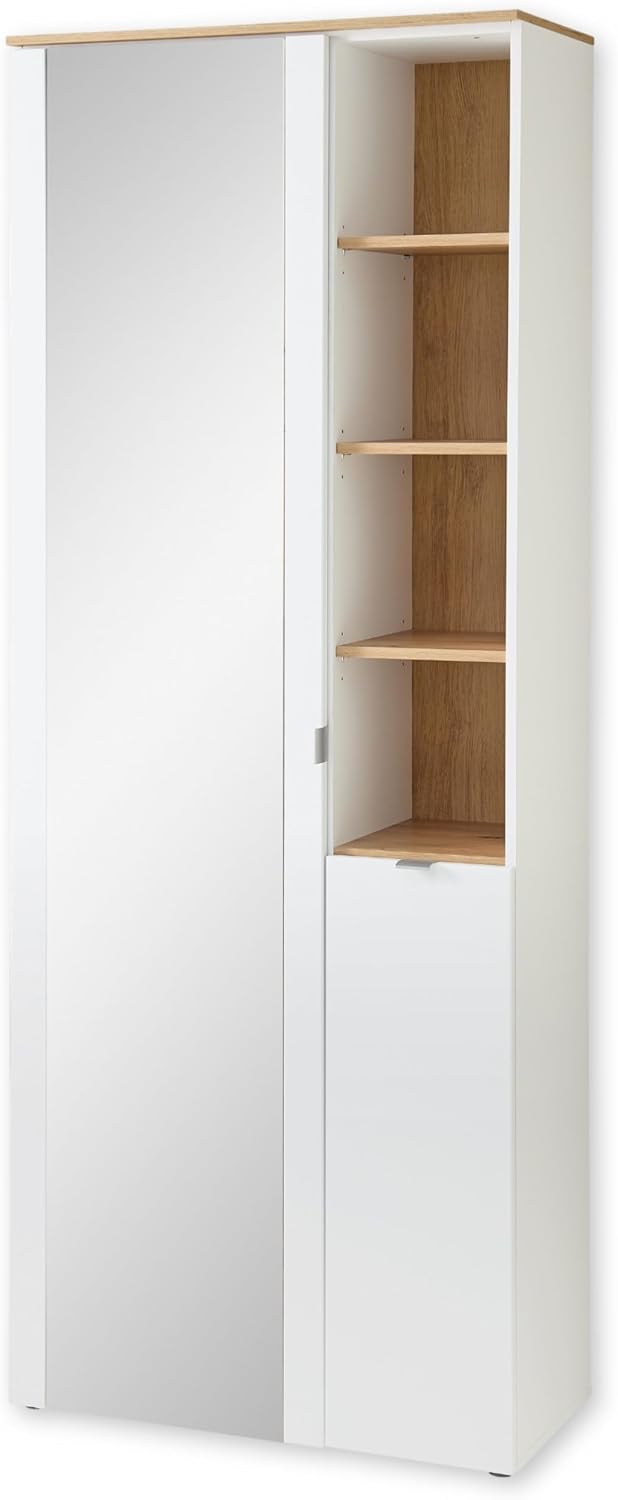 Stella Trading Garderobenschränke, 78 x 202 x 38 cm, Weiß/Eiche, BARI Garderobenschrank mit Spiegel in Weiß