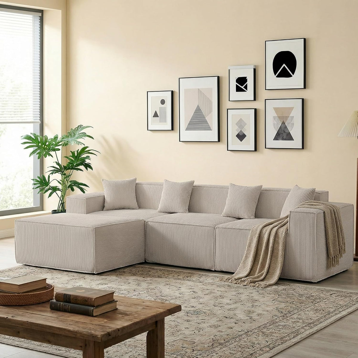Yeecle Sofa, Beige, Eck mit Schlaffunktion aus Cord, Modernes Cord-Schlaf, weich gepolstertes 3-Sitzer ohne Holzrahmen