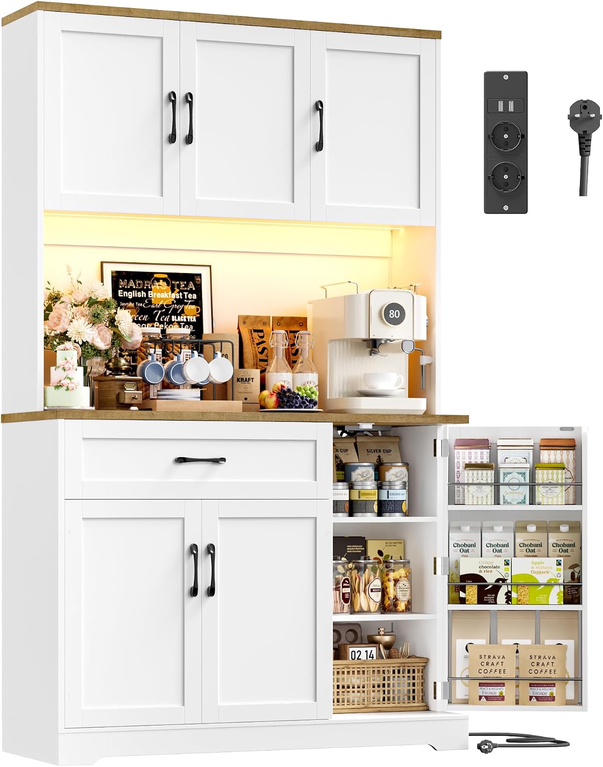 FirFurd Buffetschrank, Mehrfarbig, Küchenschrank, mit LED, Gewürzregal, Steckdosenleiste