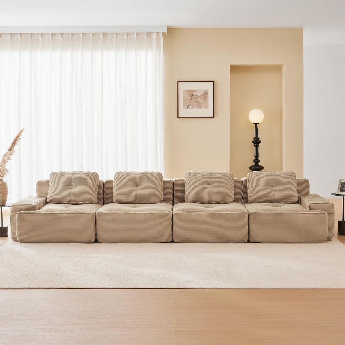 Dolamaní Sofa, Beige, Boneless Modular 4-Sitzer- Cord, montagefrei, Tiefem Sitz, modernes Eck Eckcouch Couch