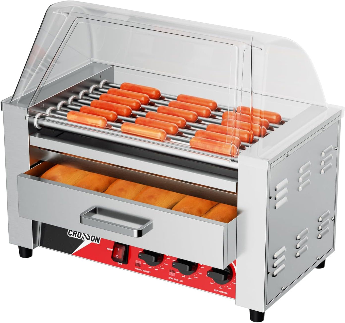 CROSSON Elektrogrill, 1350 W, Silber, 2 in 1 Profi Hot Dog Grill, 7 Rollen Edelstahl Hot Dog Machine mit Brötchenwärmer