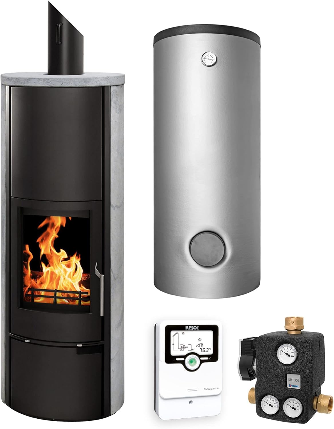 Schmitzker Pufferspeicher, 500 L, Schwarz/Grau/Silber/Weiß, KS3039 Vitoria Speckstein Wasserführender Kaminofen